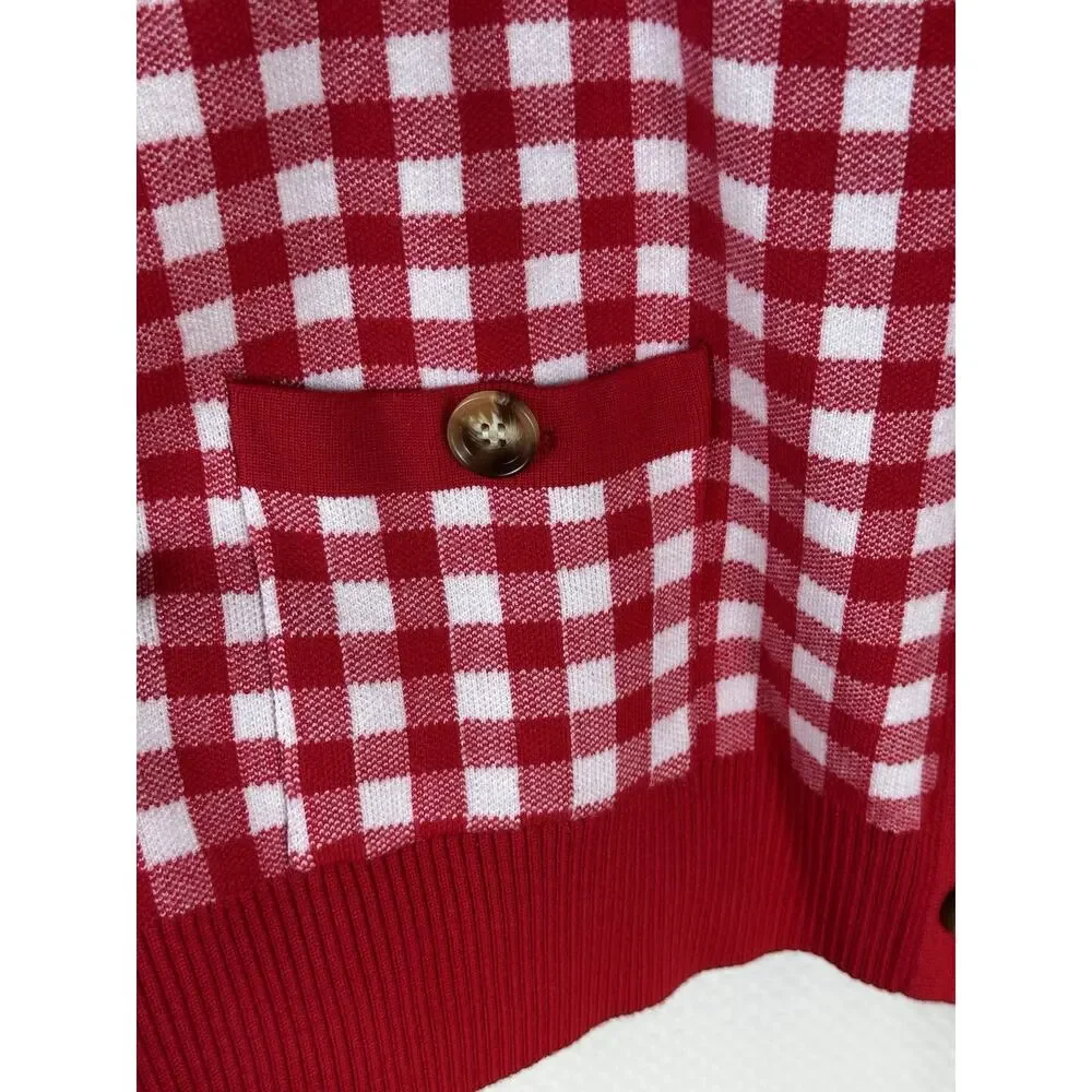Ellandemm Red Gingham Cottage Core Button Up Cardigan XL
